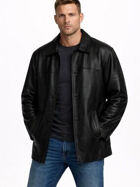 Danier Black Leather Car Coat Front Buttons Removable thinsulate Liner Men's XL